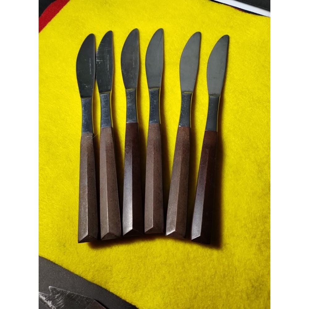 Lot Of 6 Vintage Woodwind Stainless Dinner Knives Brown Faux  Wood Handle MCM